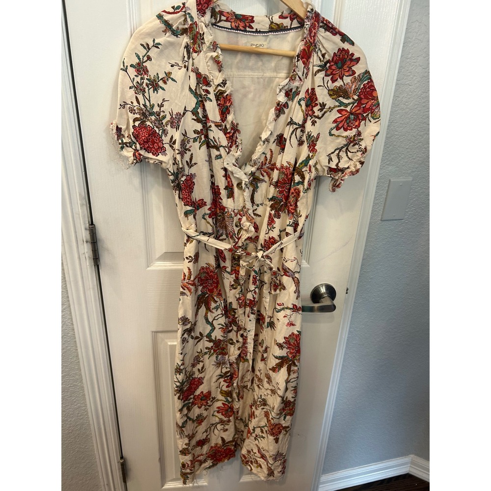 Pilcro‎ Floral Midi Dress Cream Red Ruffle Button Front Tie Waist Boho Summer
